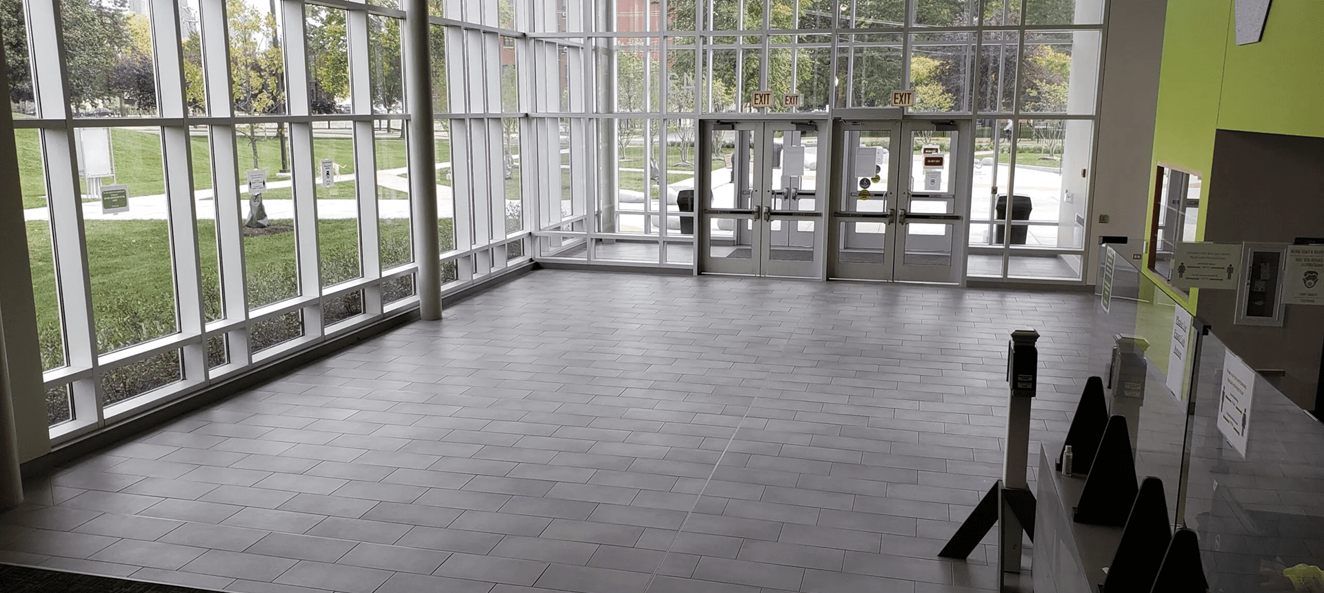 Modern building lobby with outdoor view