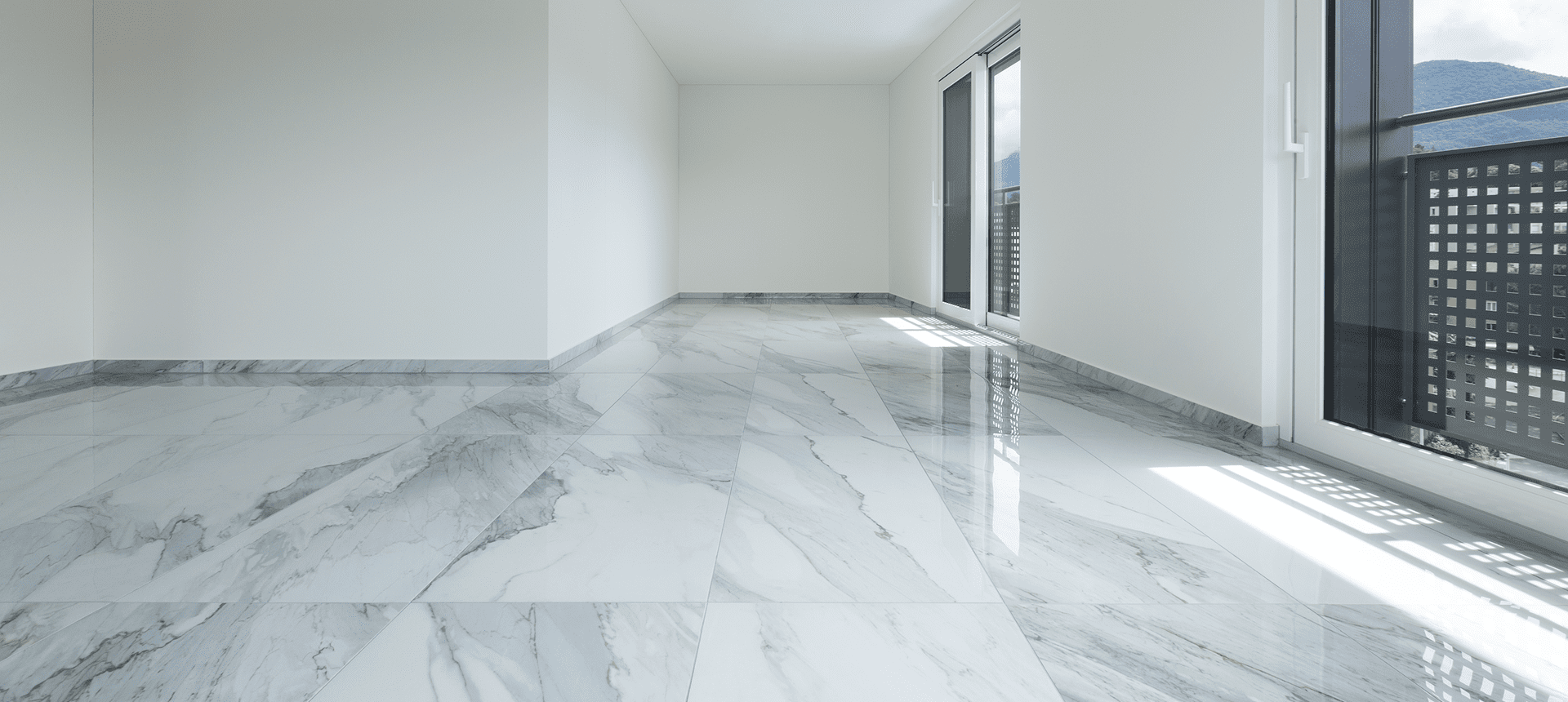 Bright interior with glossy marble tiles